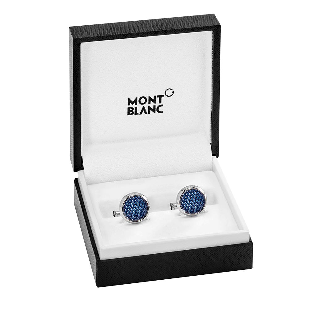 112904 - Meisterstück Cufflinks in stainless steel with blue hexagonal patterned lacquer inlay_1845376