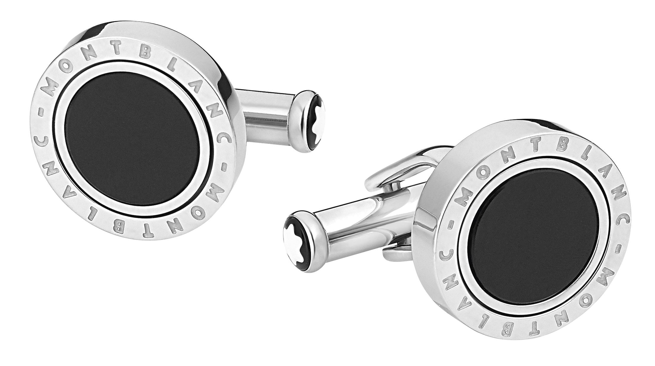 116664 - Cufflinks, round in stainless steel with onyx inlay with rotating ring_1835247