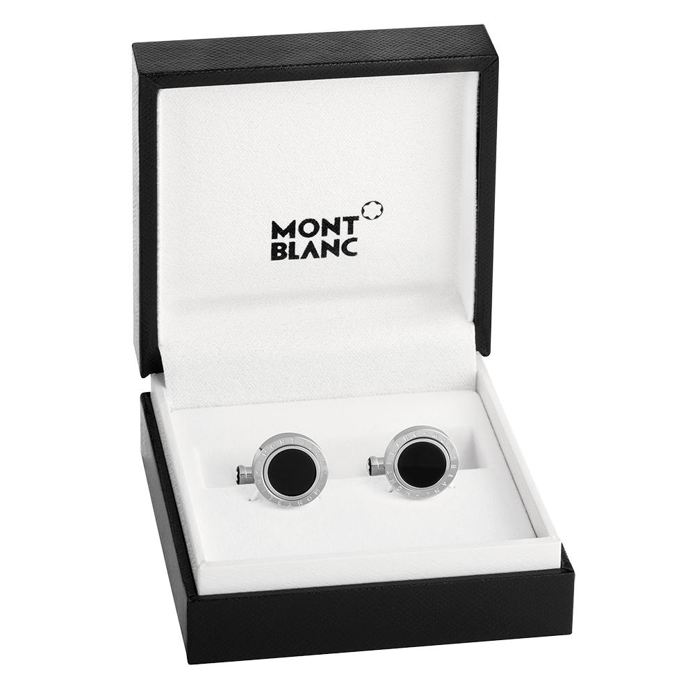 116664 - Cufflinks, round in stainless steel with onyx inlay with rotating ring_1845882